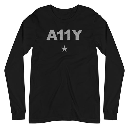 Silvery glitter, bold, A11Y letters, with silver star below, center aligned on black long sleeved t-shirt.