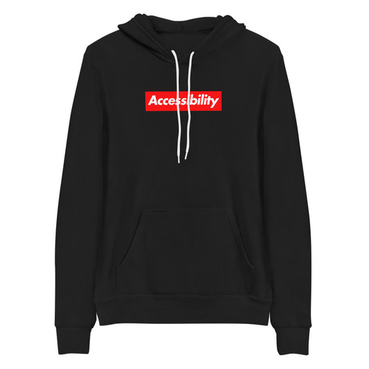 White, bold, slightly italic Accessibility word on red background, on black hooded sweater.