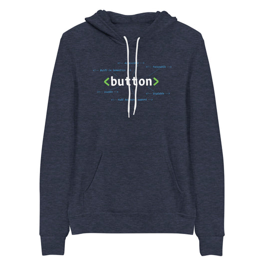 White, HTML button element, center aligned, on front of heather navy blue hooded sweater. HTML comments surround the code with statements: accessible, focusable, built-in semantics, usable, stylable, full keyboard support.