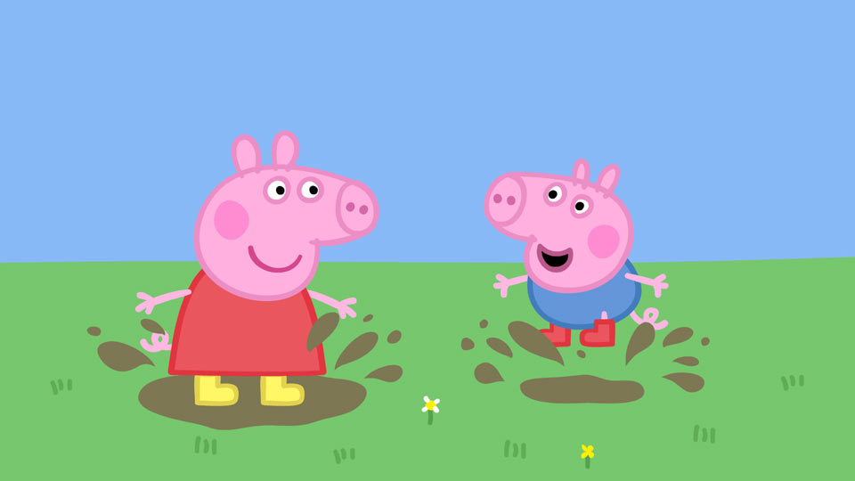 Peppa Pig and baby George play in mud puddles.