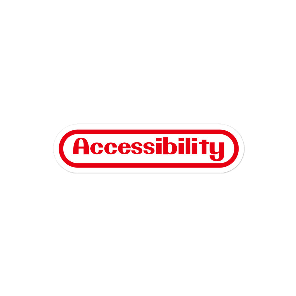 Red stylized Accessibility word with rounded border, prepresentative of the Nintent logo, center aligned, on front of 4 inch sticker.