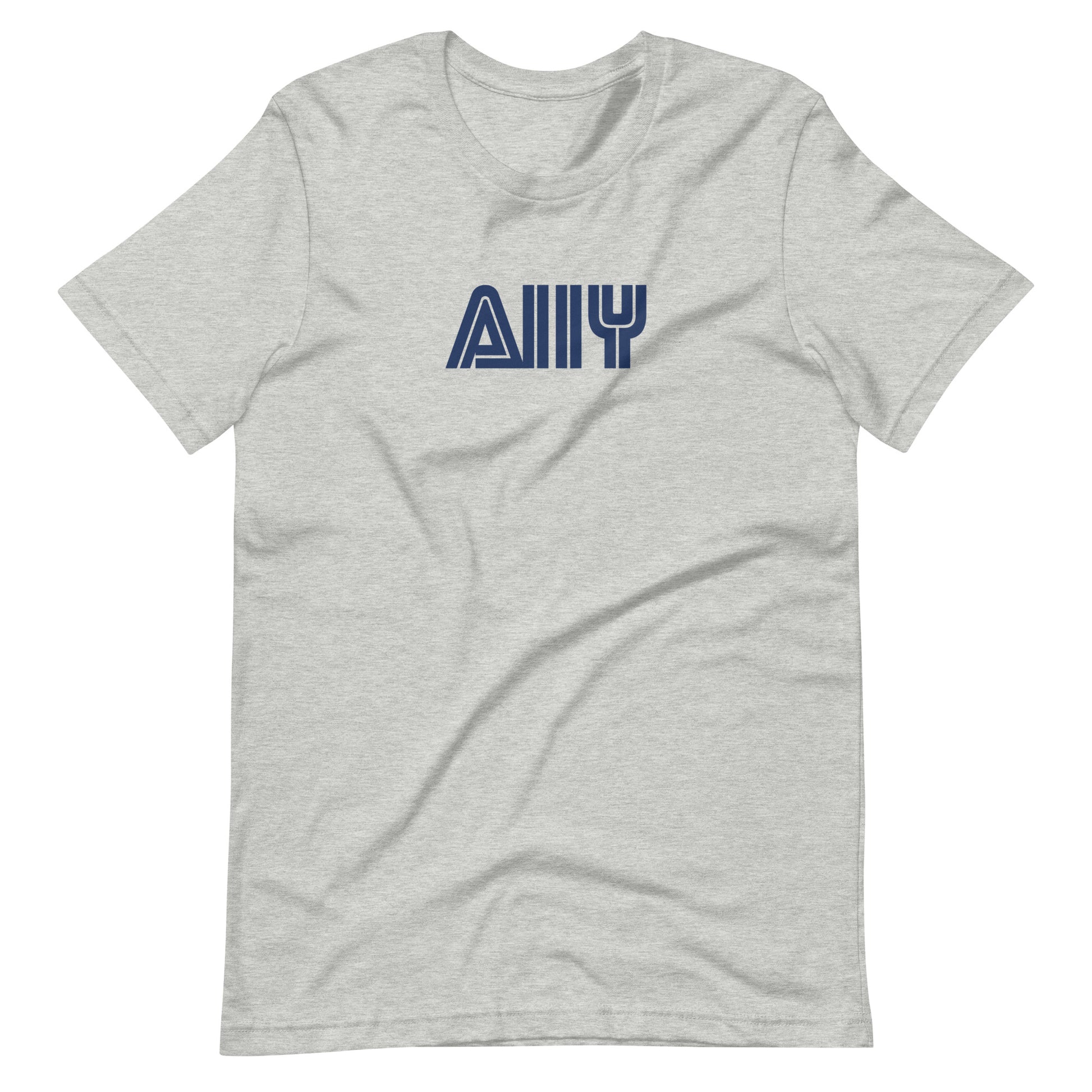 Blue stylized A11y letters, prepresentative of the Sega logo, center aligned, on front of heather grey t-shirt.