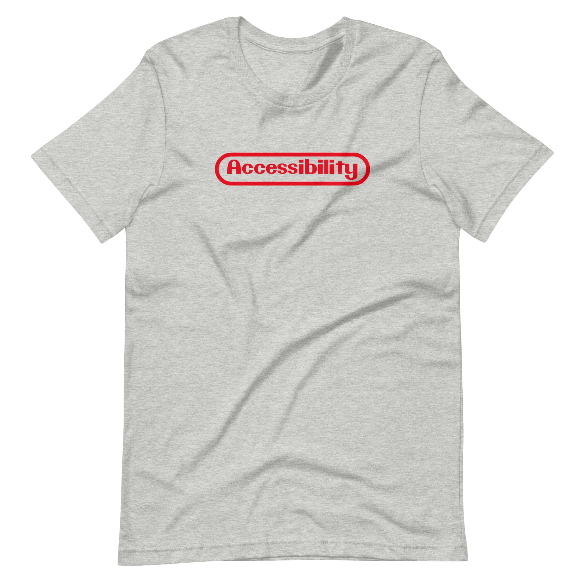 Red stylized Accessibility word with rounded border, prepresentative of the Nintent logo, center aligned, on front of heather grey t-shirt.