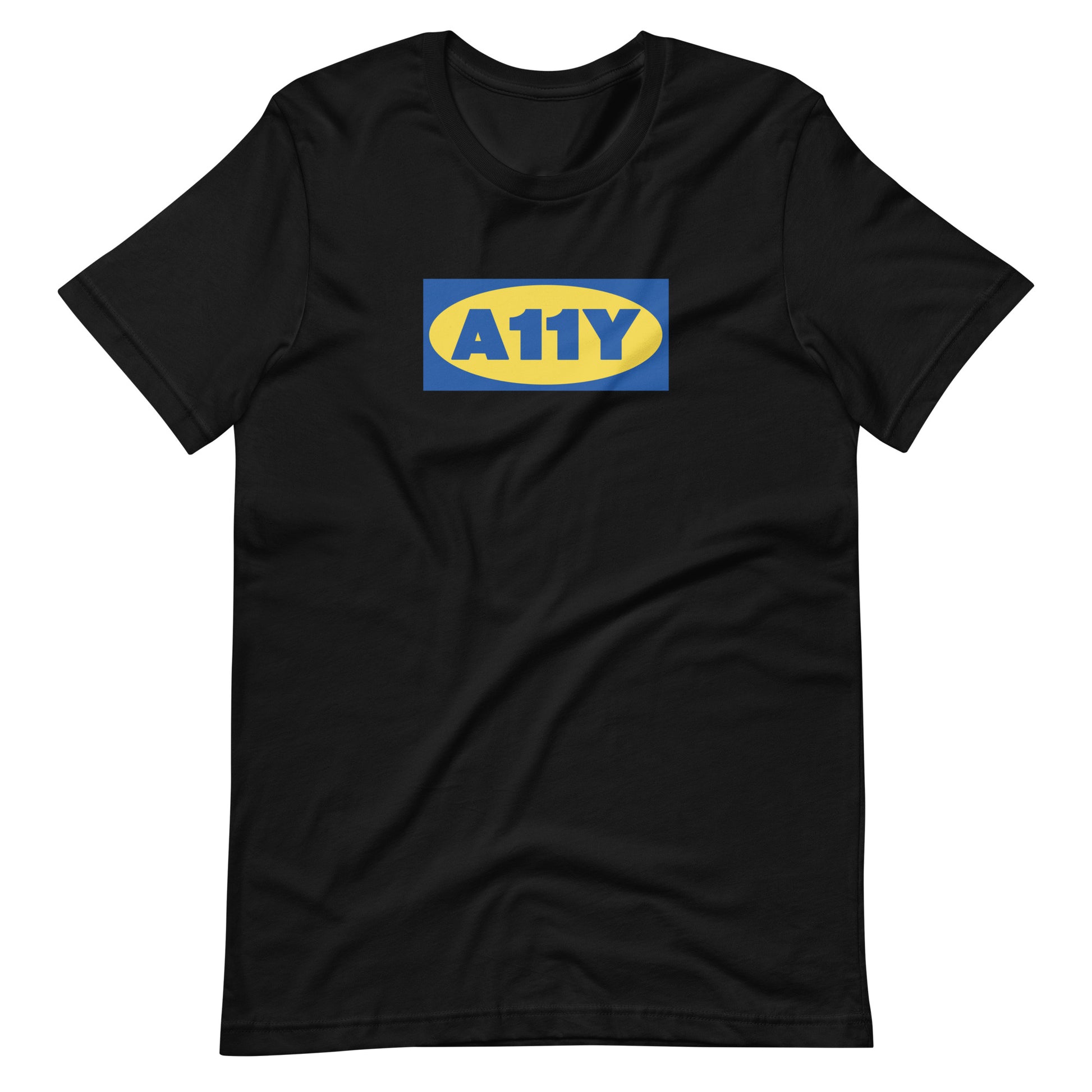 Thick blue A11y letters, on top of a yellow oval, on top of a blue rectangle. Remicent of the Ikea logo. Center aligned on front of a black t-shirt.