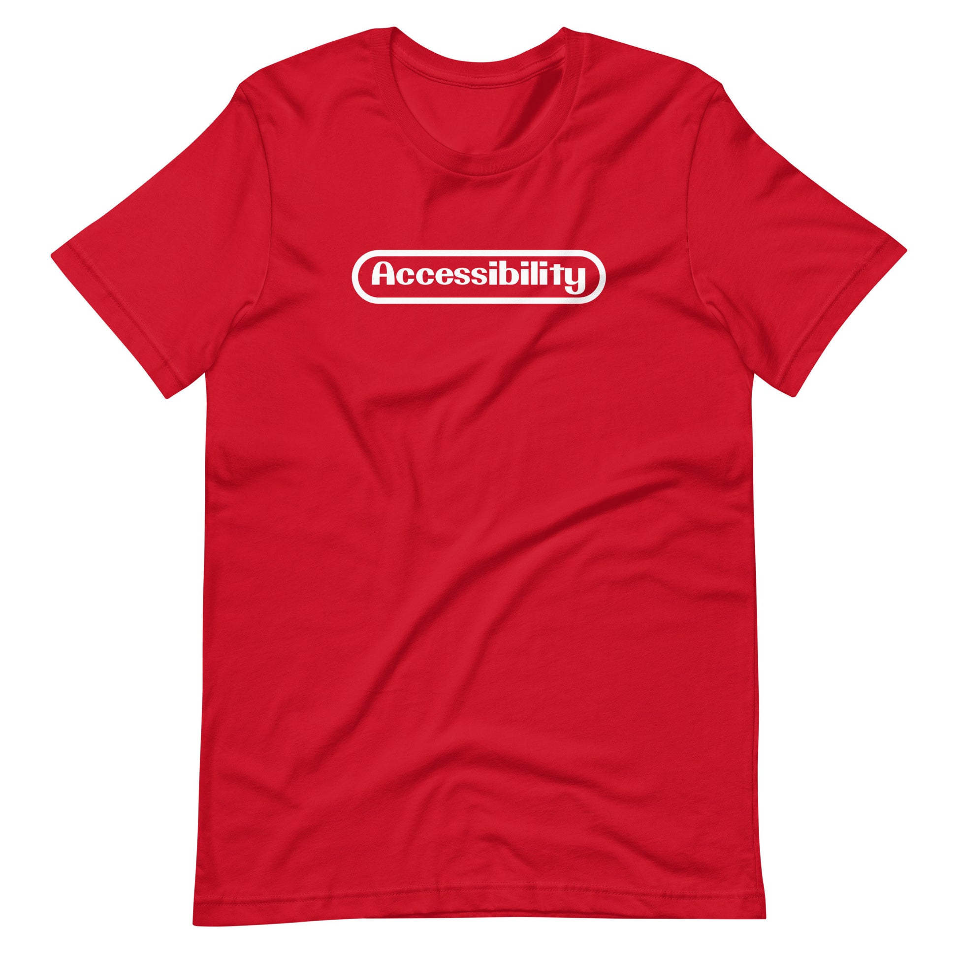White stylized Accessibility word with rounded border, prepresentative of the Nintent logo, center aligned, on front of red t-shirt.
