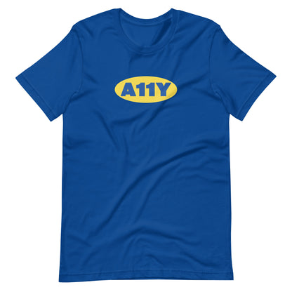 Thick blue A11y letters, on top of a yellow oval, on top of a blue rectangle. Remicent of the Ikea logo. Center aligned on front of a blue t-shirt.