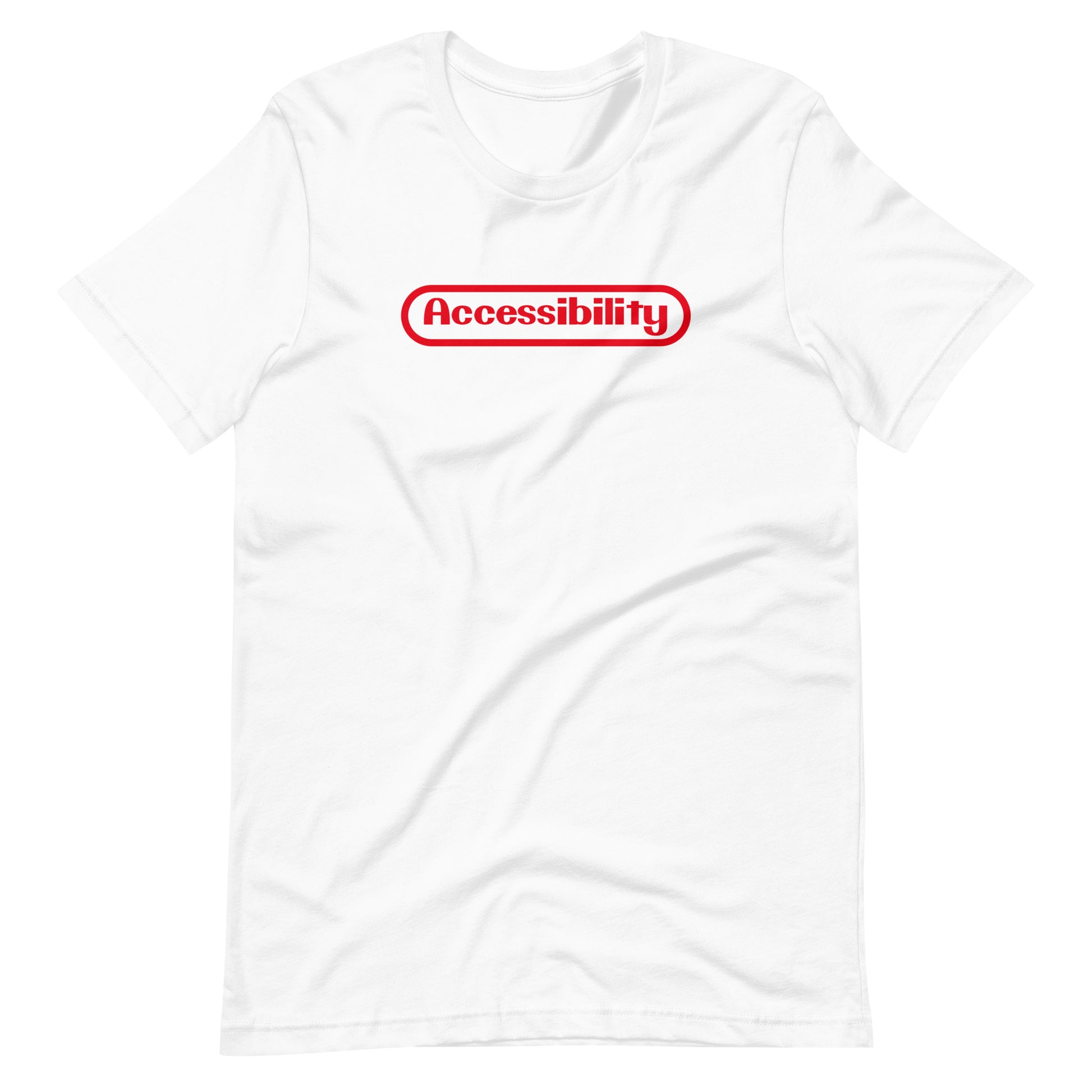 Red stylized Accessibility word with rounded border, prepresentative of the Nintent logo, center aligned, on front of white t-shirt.