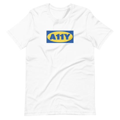 Thick blue A11y letters, on top of a yellow oval, on top of a blue rectangle. Remicent of the Ikea logo. Center aligned on front of a white t-shirt.
