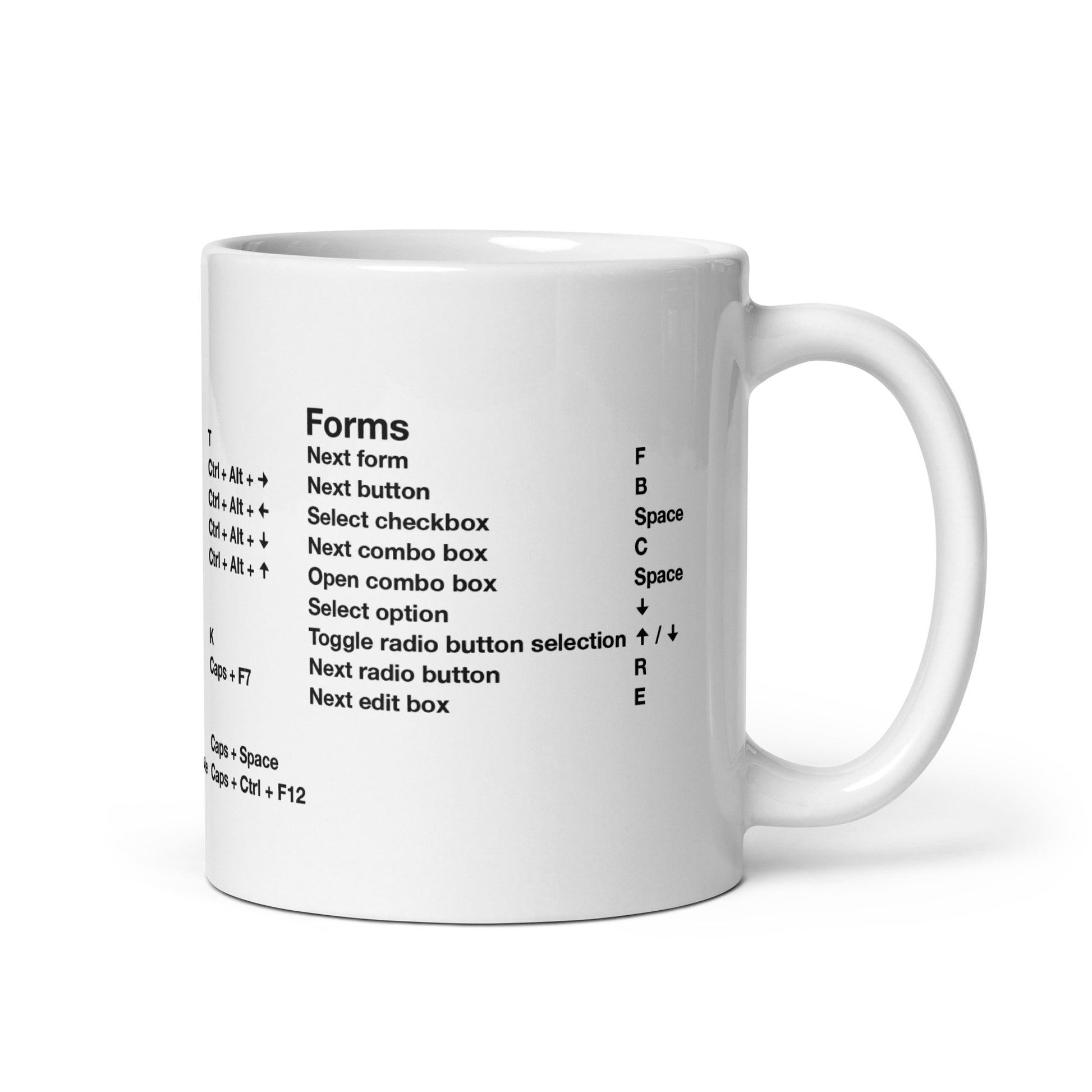 Narrator screen reader shortcut keys printed on white coffee mug. Right side features: Forms.