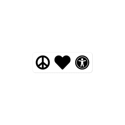 Black, center aligned heart icon, peace sign icon is left of heart, universal design logo is right of heart, on 3 inch sticker.