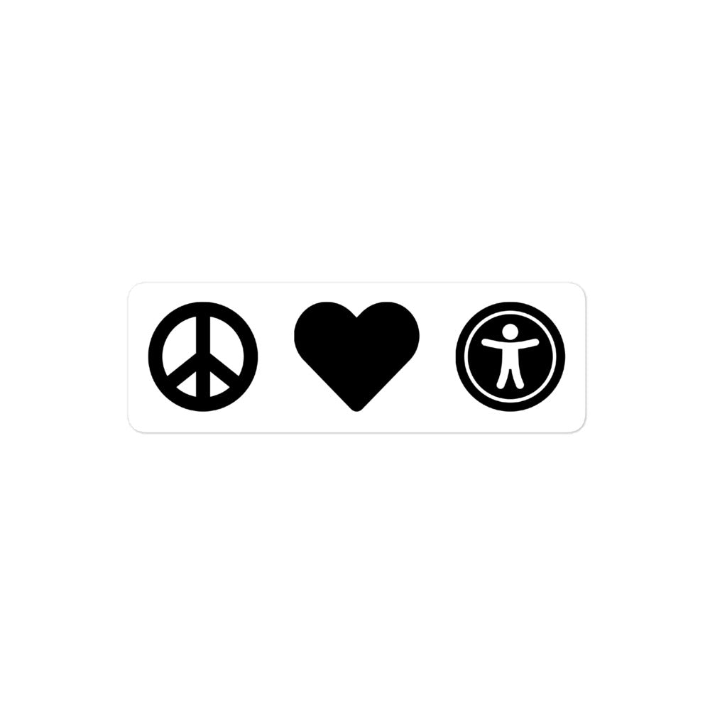 Black, center aligned heart icon, peace sign icon is left of heart, universal design logo is right of heart, on 4 inch sticker.