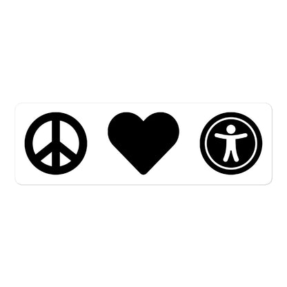 Black, center aligned heart icon, peace sign icon is left of heart, universal design logo is right of heart, on 5.5 inch sticker.