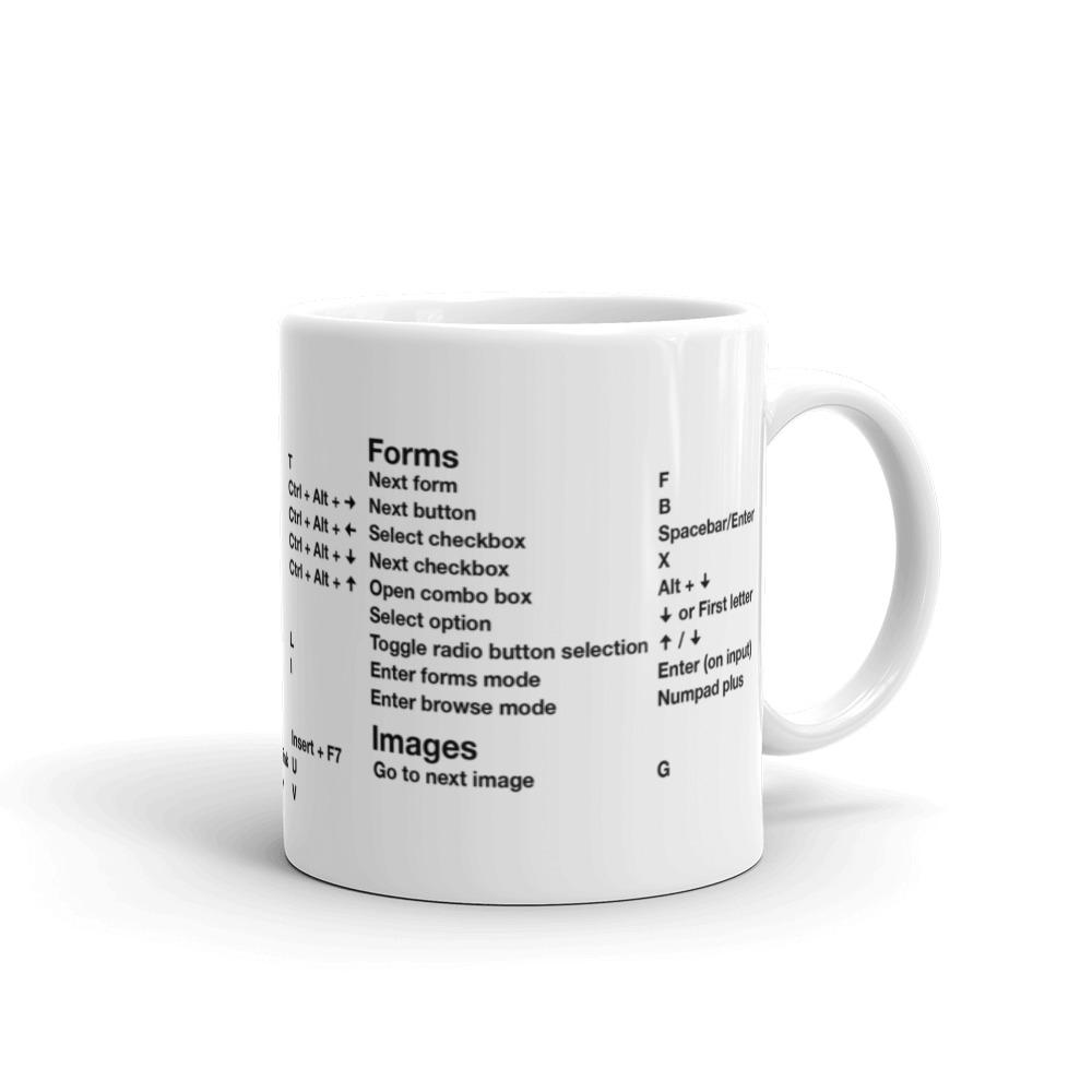JAWS screen reader shortcut keys printed on white coffee mug. Right side features: Forms and Images.