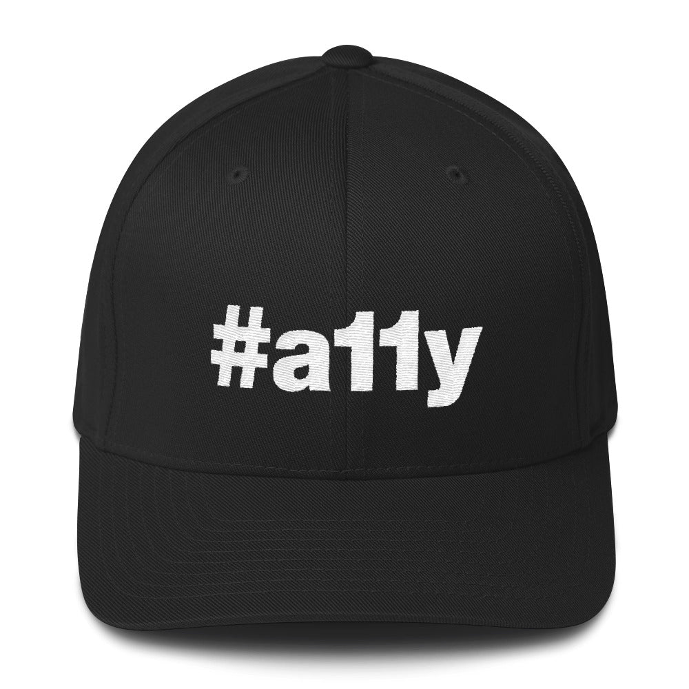 White, #a11y letters on front of black full-back baseball cap.