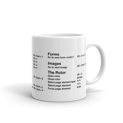 VoiceOver screen reader shortcut keys printed on white coffee mug. Ride side features: Forms, Images, and The Rotor.