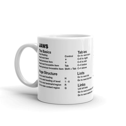 JAWS screen reader shortcut keys printed on white coffee mug. Left side features: The Basics and Page Structure.