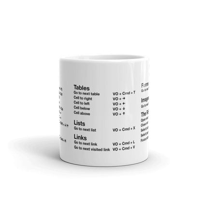 VoiceOver screen reader shortcut keys printed on white coffee mug. Middle features: Tables, Lists, and Links.