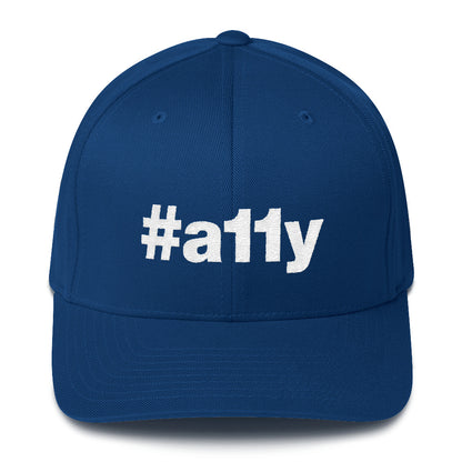 White, #a11y letters on front of royal blue full-back baseball cap.