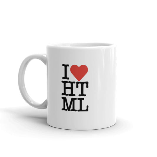 Black, I (red heart emoji) HTML letters, styled in the same manner as the I love NY logo, on left and right side of white coffee mug.