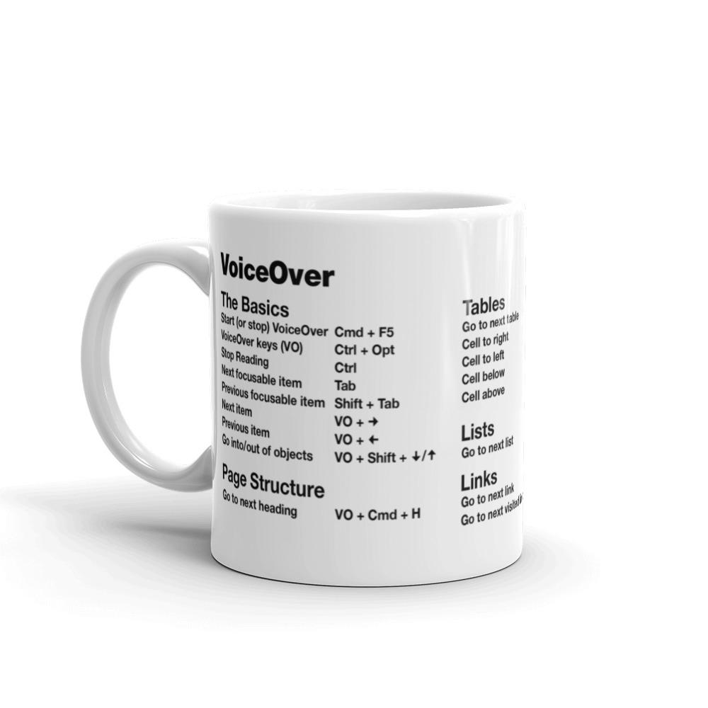 VoiceOver screen reader shortcut keys printed on white coffee mug. Left side features: The Basics and Page Structure.
