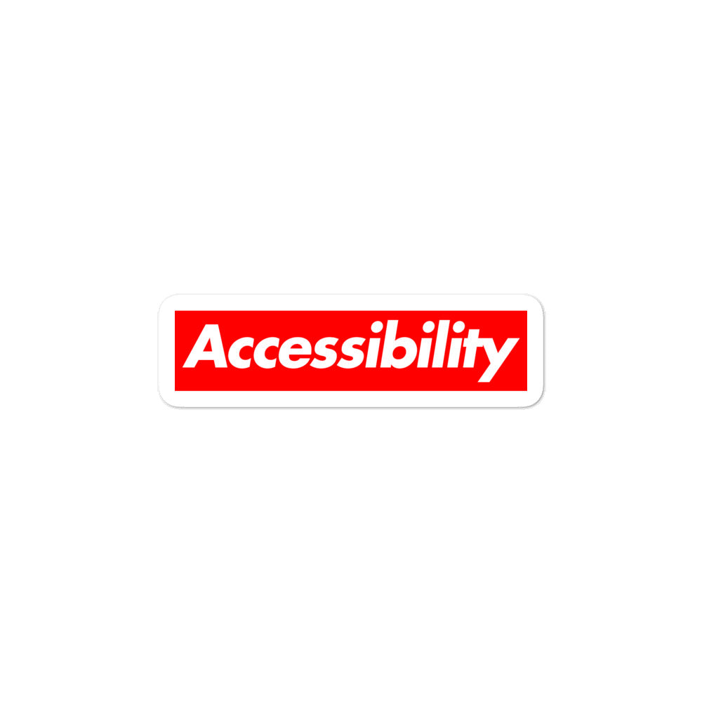 Bold, slightly italic Accessibility word on red background, 3 inch sticker.