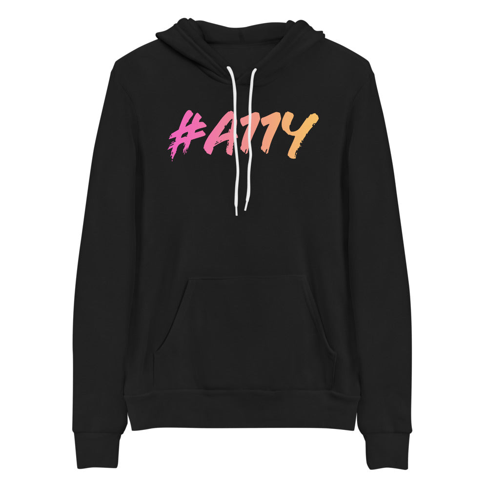 Left to right, dark pastel pink to pastel yellow gradient, large #A11Y letters on front of black hooded sweater.