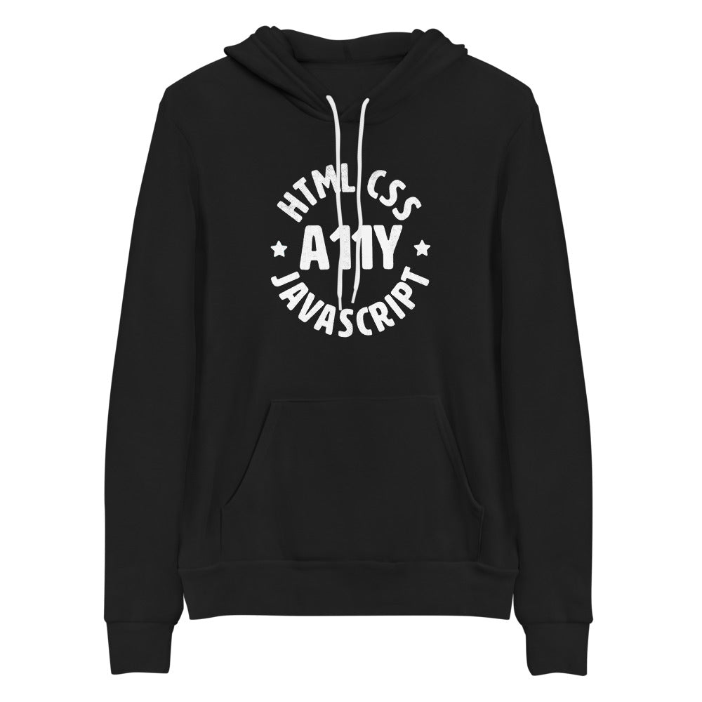 White, HTML CSS JavaScript words, center aligned, circled around A11Y letters with stars on either side, on front of black hooded sweater.