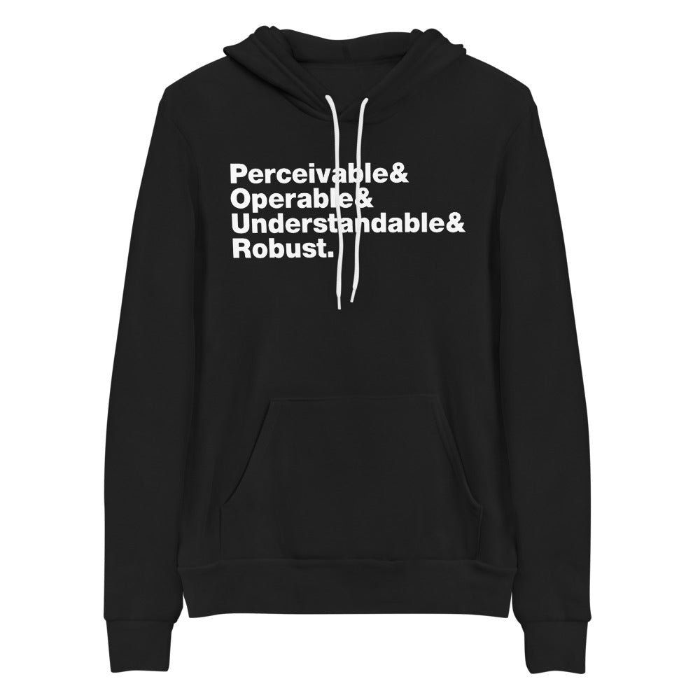White, Perceivable & Operable & Understandable & Robust words, stacked, left aligned, on front of black hooded sweater.