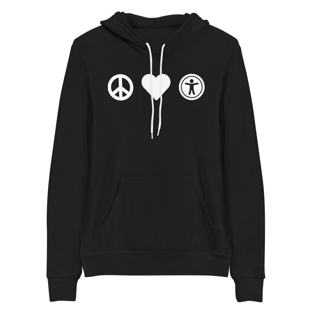 White, center aligned heart icon, peace sign icon is left of heart, universal design logo is right of heart, on black hooded sweater.