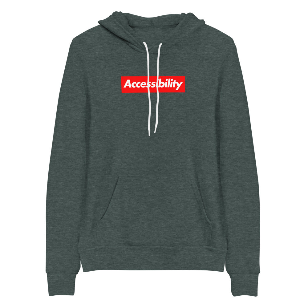 White, bold, slightly italic Accessibility word on red background, on heather dark green hooded sweater.