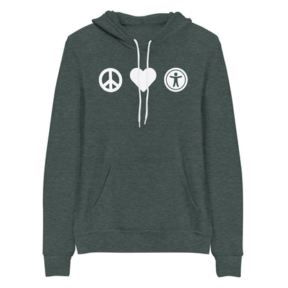 White, center aligned heart icon, peace sign icon is left of heart, universal design logo is right of heart, on heather dark green hooded sweater.