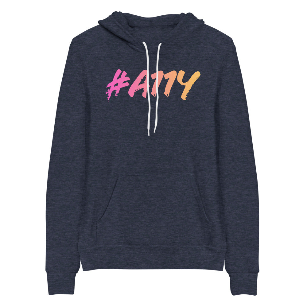 Left to right, dark pastel pink to pastel yellow gradient, large #A11Y letters on front of heather navy blue hooded sweater.