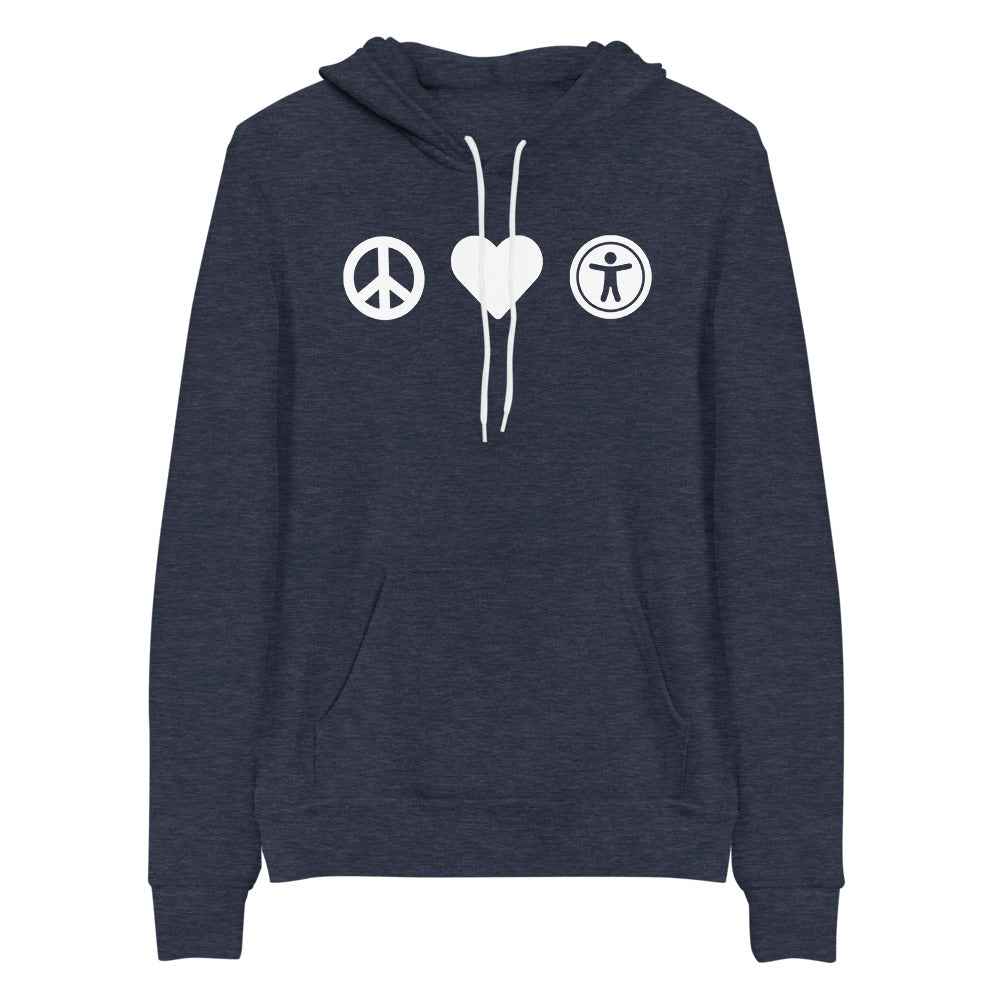 White, center aligned heart icon, peace sign icon is left of heart, universal design logo is right of heart, on heather navy blue hooded sweater.