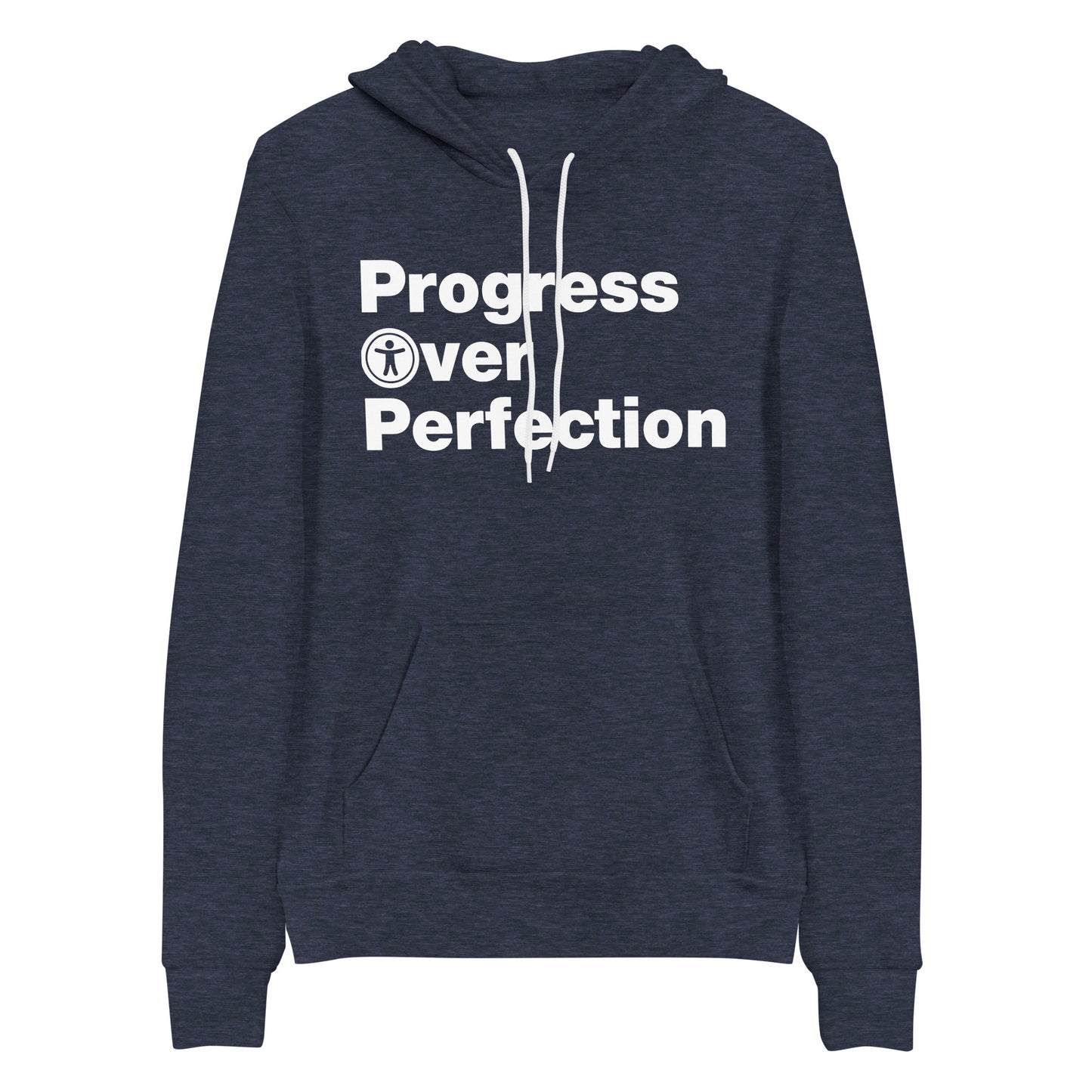 White, Progress Over Perfection, words, stacked, left aligned. 'O' in Over is round universal icon, on front of heather navy blue hooded sweater.