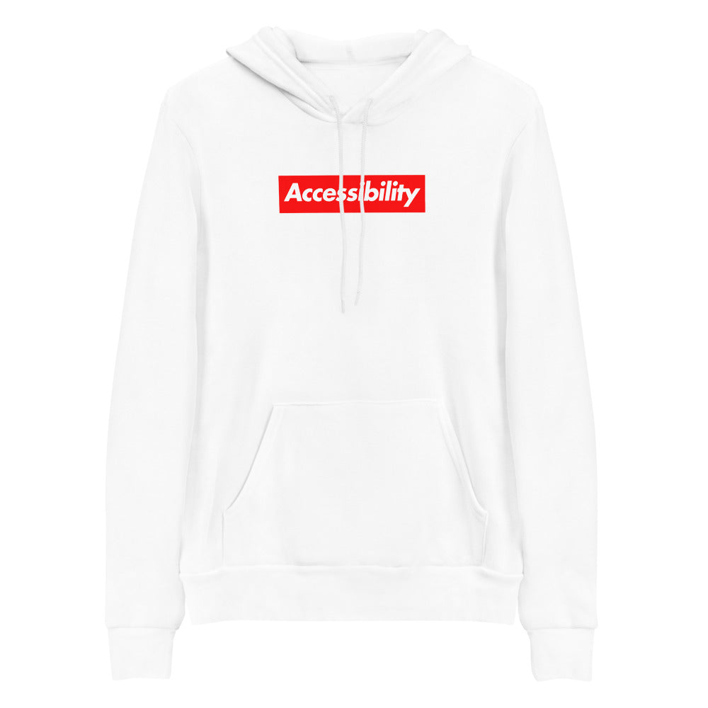 White, bold, slightly italic Accessibility word on red background, on white hooded sweater.