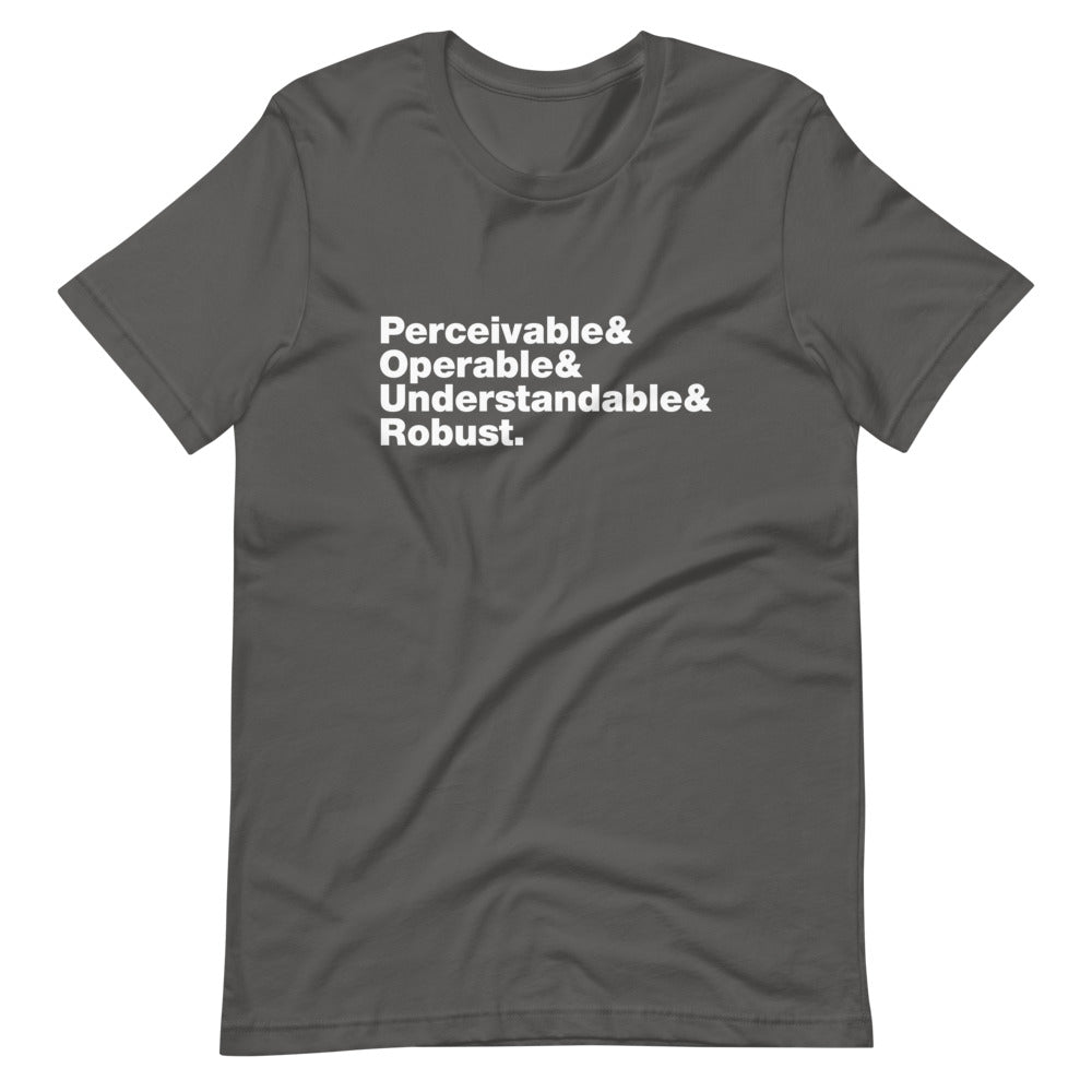 White Perceivable & Operable & Understandable & Robust words, stacked, left aligned, on front of grey t-shirt.