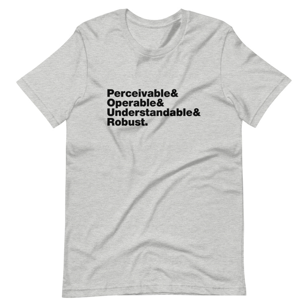 Black Perceivable & Operable & Understandable & Robust words, stacked, left aligned, on front of heather grey t-shirt.