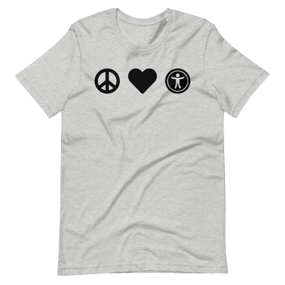 Black, center aligned heart icon, peace sign icon is left of heart, universal design logo is right of heart, on heather grey t-shirt.