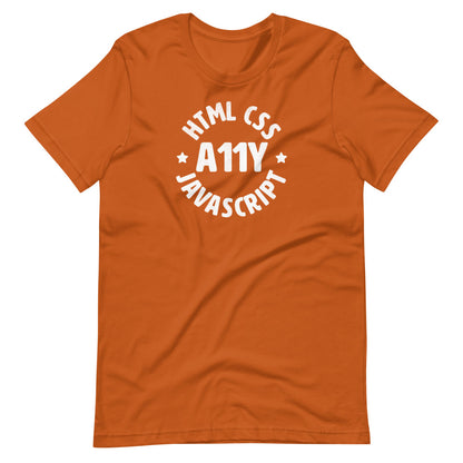 White HTML CSS JavaScript words, center aligned, circled around A11Y letters with stars on either side, on front of orange t-shirt.