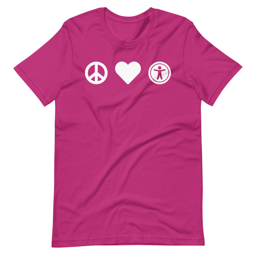 White, center aligned heart icon, peace sign icon is left of heart, universal design logo is right of heart, on dark pink t-shirt.