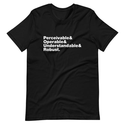 White Perceivable & Operable & Understandable & Robust words, stacked, left aligned, on front of black t-shirt.