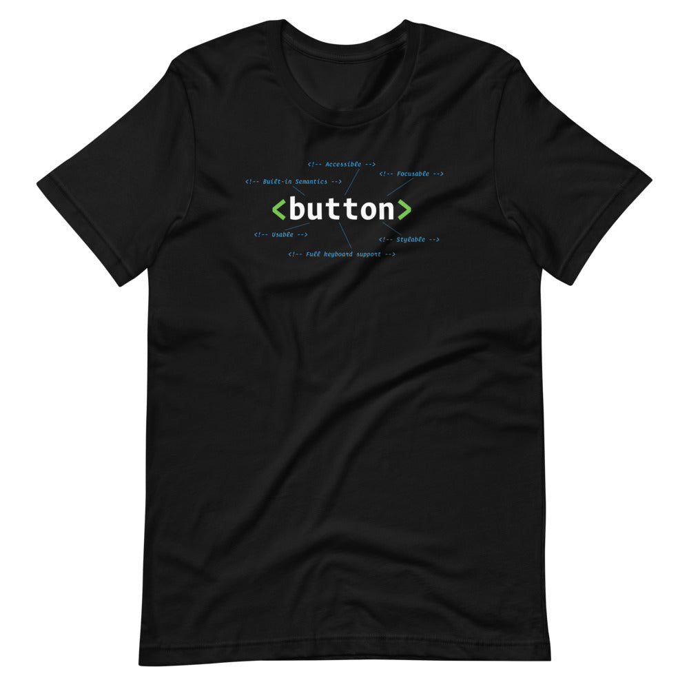 White HTML button element, center aligned, on front of black t-shirt. HTML comments surround the code with statements: accessible, focusable, built-in semantics, usable, stylable, full keyboard support.