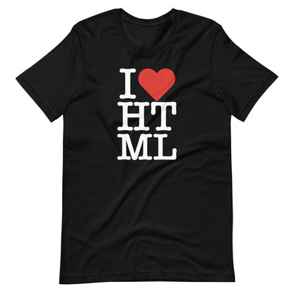White, I (red heart emoji) HTML letters, styled in the same manner as the I love NY logo, on front of black t-shirt.