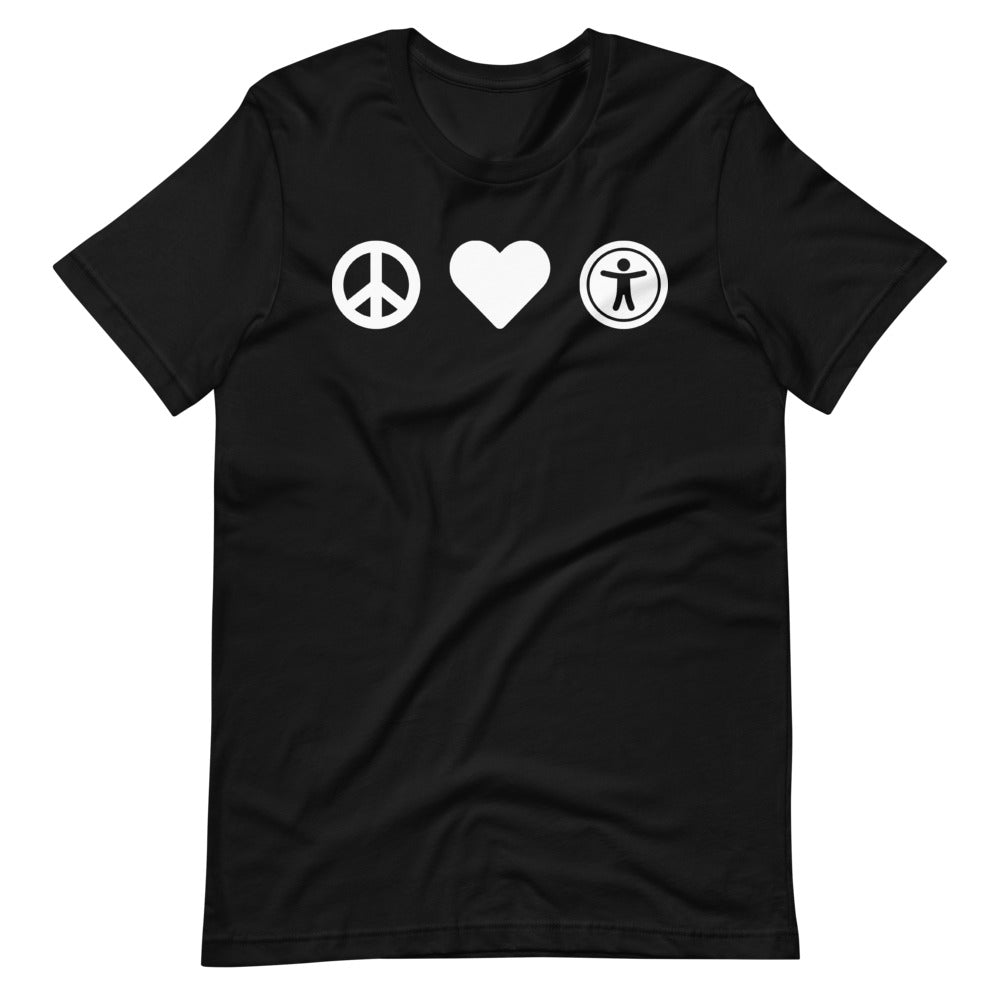 White, center aligned heart icon, peace sign icon is left of heart, universal design logo is right of heart, on black t-shirt.