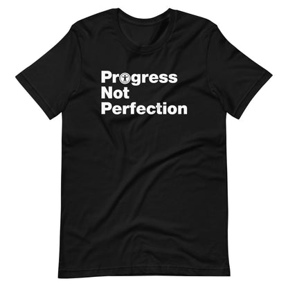 White, Progress Not Perfection, words, stacked, left aligned. 'O' in Progress is round universal icon, on front of black t-shirt.