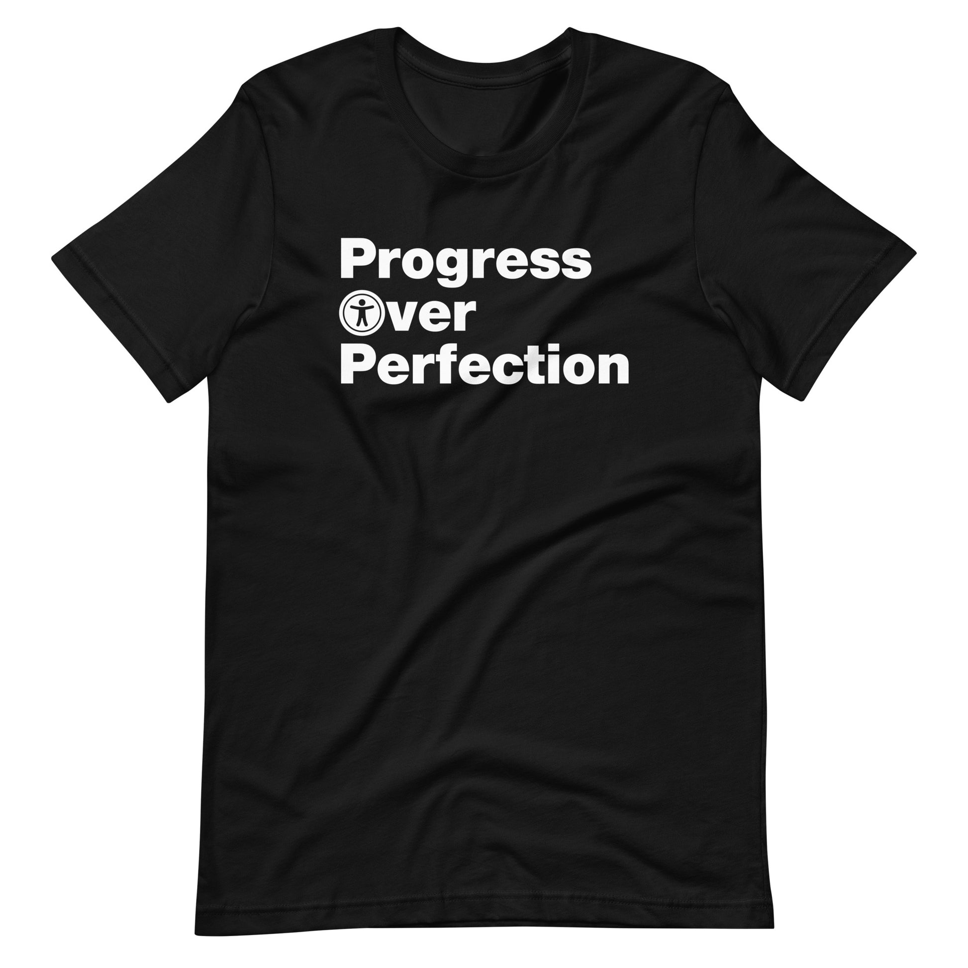 White, Progress Over Perfection, words, stacked, left aligned. 'O' in Over is round universal icon, on front of black t-shirt.