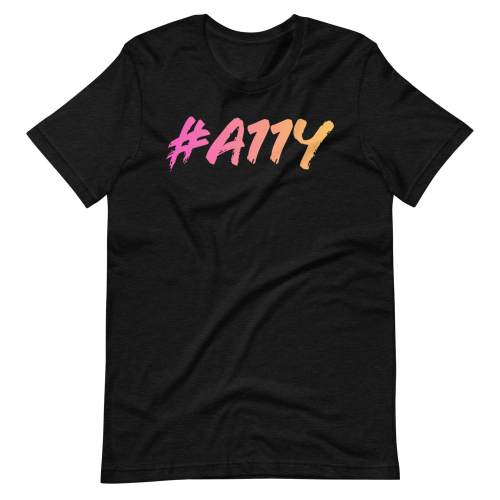 Left to right, dark pastel pink to pastel yellow gradient, large #A11Y letters on front of heather black t-shirt.