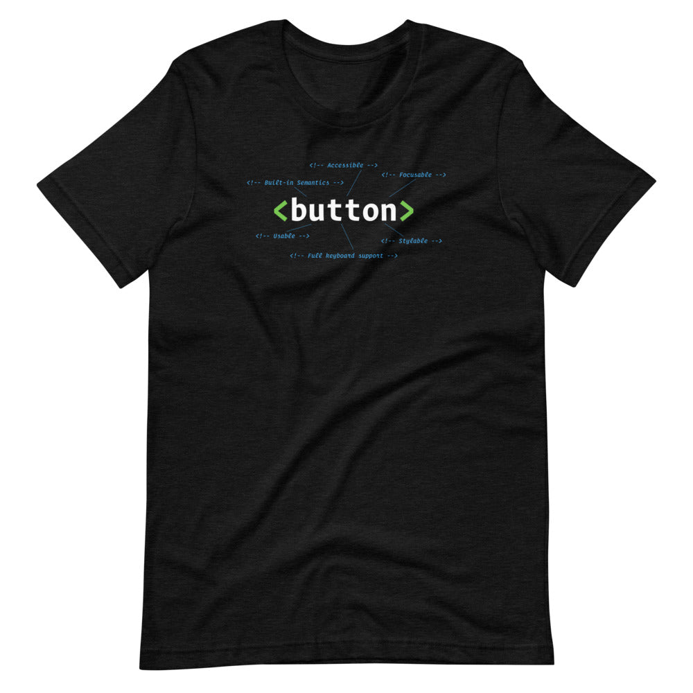 White HTML button element, center aligned, on front of heather black t-shirt. HTML comments surround the code with statements: accessible, focusable, built-in semantics, usable, stylable, full keyboard support.