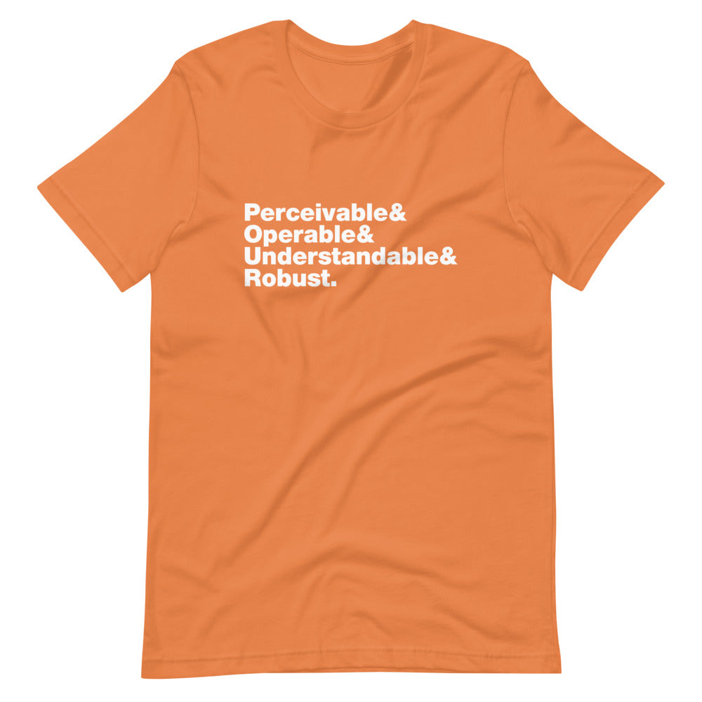 White Perceivable & Operable & Understandable & Robust words, stacked, left aligned, on front of orange t-shirt.
