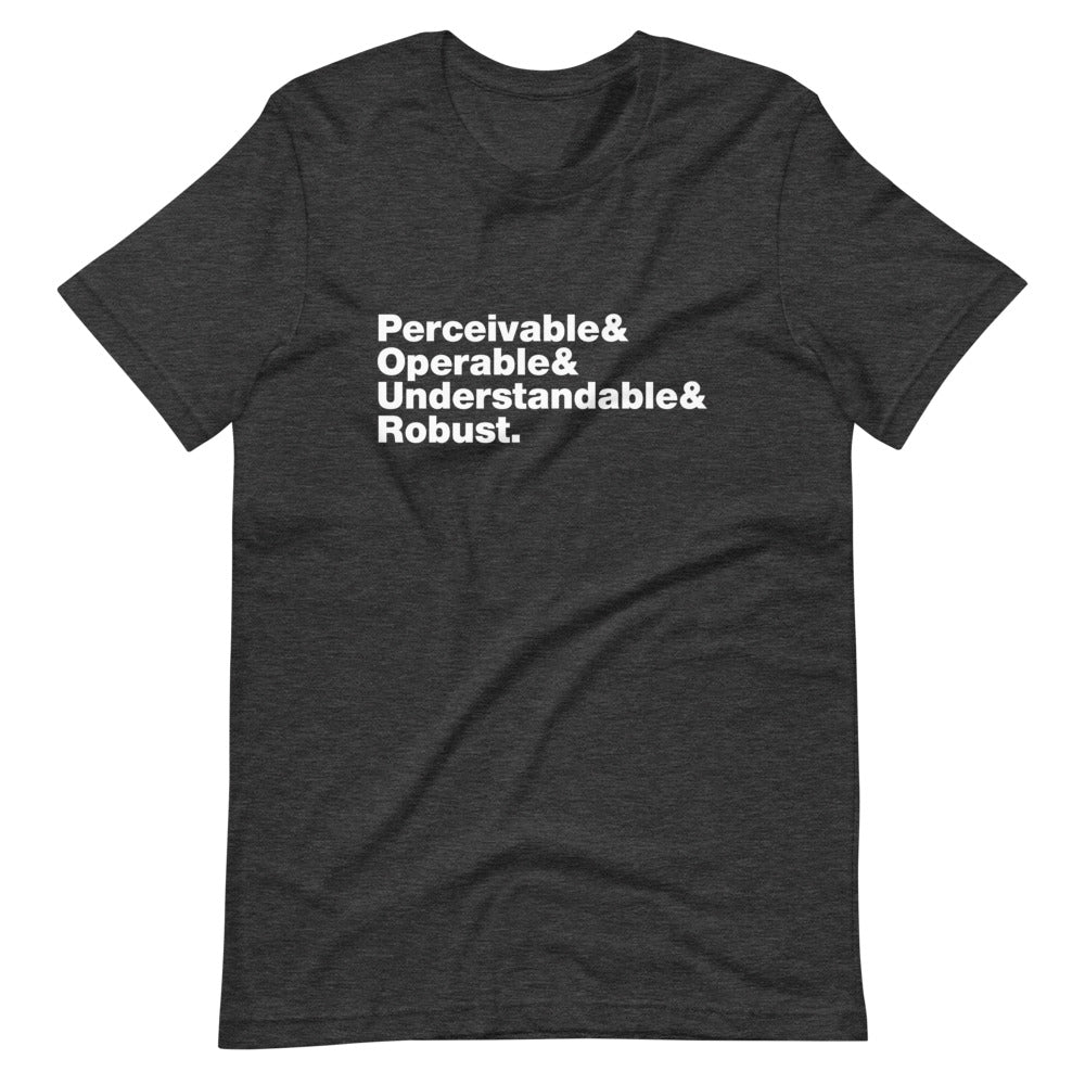 White Perceivable & Operable & Understandable & Robust words, stacked, left aligned, on front of dark heather grey t-shirt.